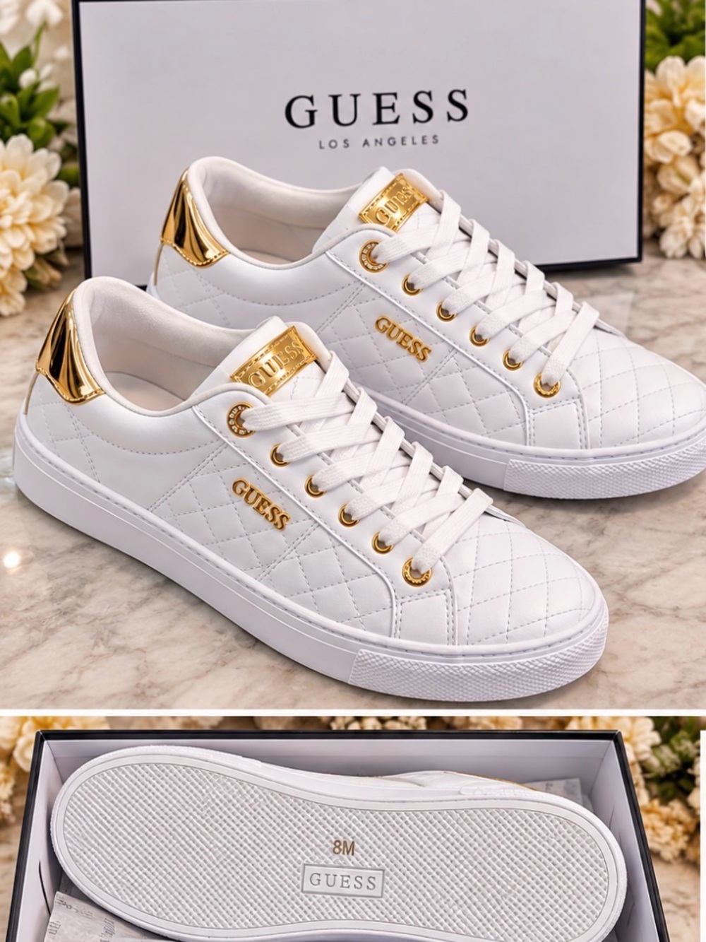 Guess White Quilted Sneakers with Gold Accents